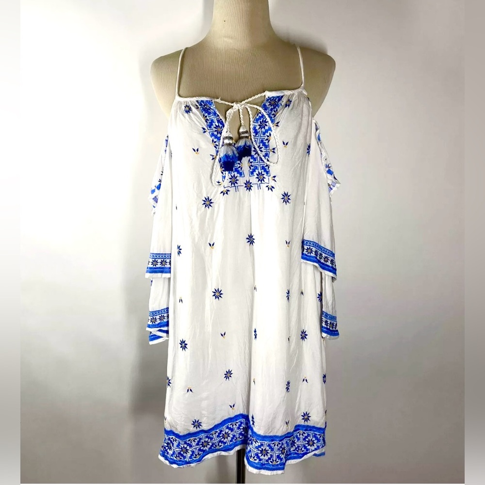 TOLANI medium Dress NEW China Blue Embroidery on White Cotton Boho Beautiful